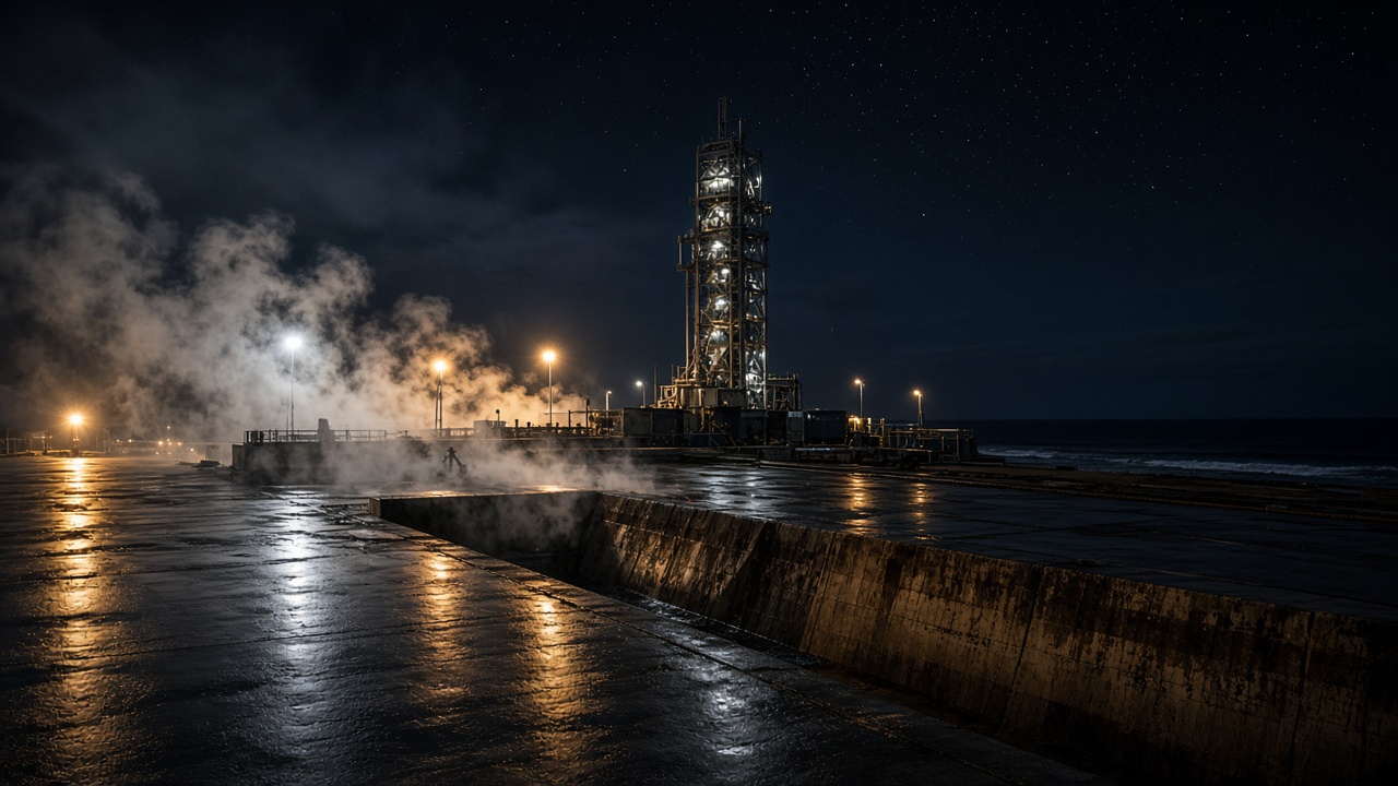 Night launch pad floodlights and flame trench